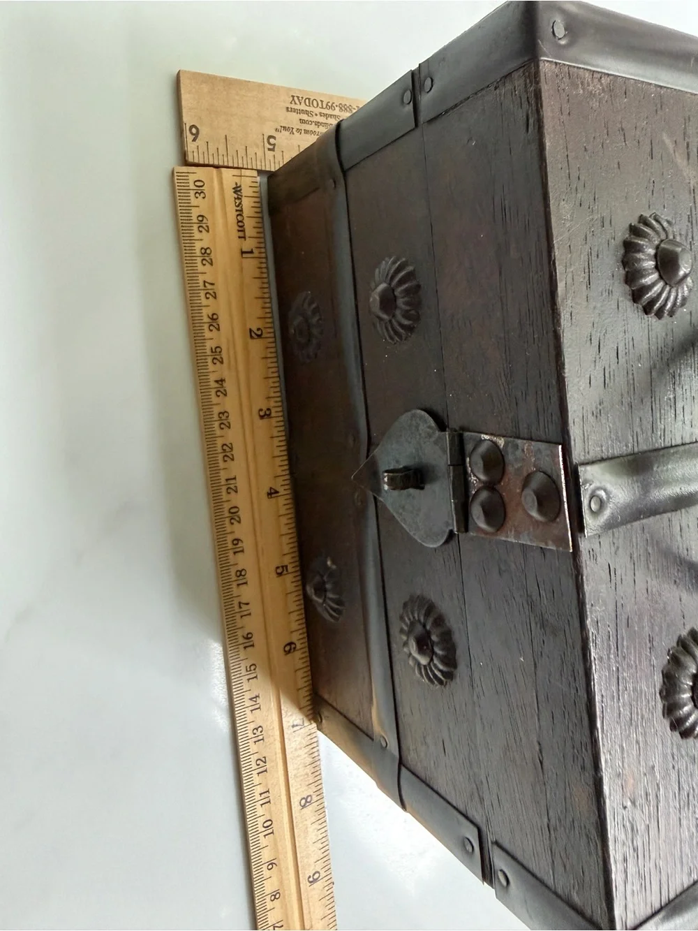 Vintage Wood Jewelry Box Spanish Revival Keepsake Chest Trunk Red Lining
